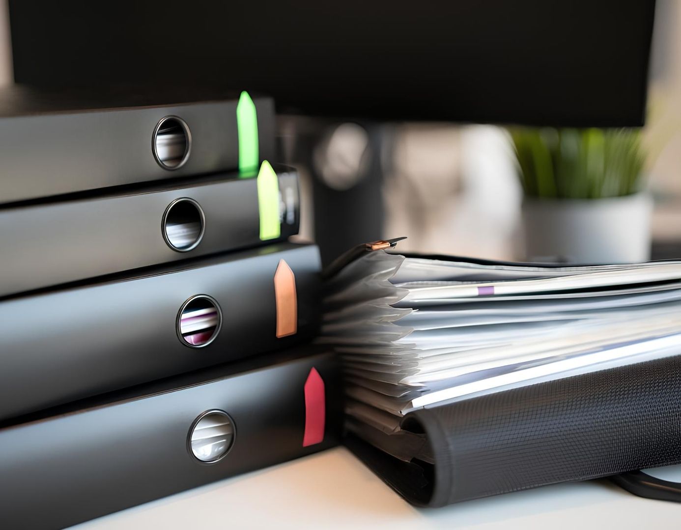 Auf einem Schreibtisch befindet sich ein Stapel schwarzer Ordner.